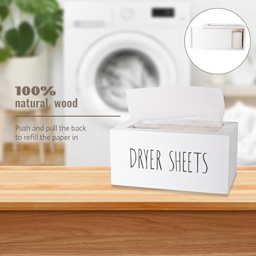 zoocatia Laundry Room Decor Dryer Sheet Container Wood Detergent Dispenser Organization and Storage Box Holder for Laundry Pods, Dryer Balls, White