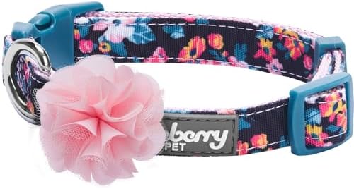 Blueberry Pet Made Well Elegant Floral Print Adjustable Dog Collar in Sleek Black with Pink Artificial Silk Flower, Small, Neck 12"-16"