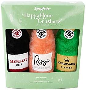 ZippyPaws Happy Hour Crusherz- Interactive Dog Toys to Keep Them Busy, Squeaky Plush Toy for All Breeds, Gift for Small, Medium, & Large Dogs, Drink Themed Crinkle Water Bottle Toy- 3-Pack of Wine.