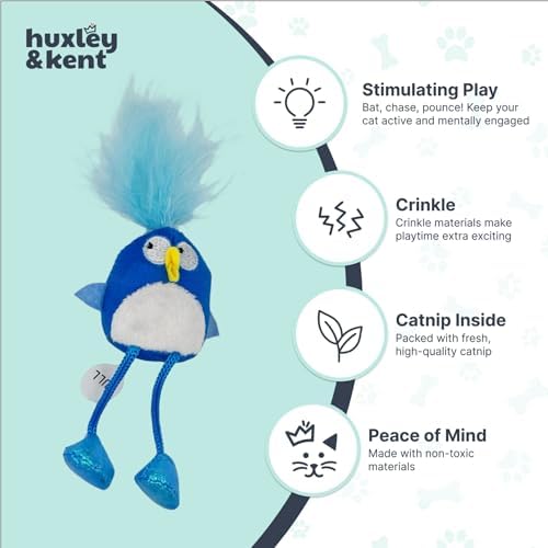 Huxley & Kent Chirpy Interactive Catnip Cat Toy, Bluebird | Touch Activated Chirp Chip with Auto Shut Off, Catnip & Crinkle, Dangly Motion, Soft Plush for Indoor Play