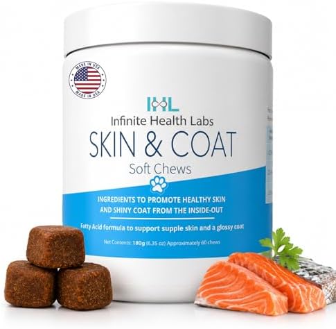 Skin & Coat Chews for Dogs, Omega-3 Fish Oil with EPA & DHA, Biotin, Vitamins A & D3, Supports Dry Skin, Shedding & Shiny Coats, Beef Liver Flavor, 60 Soft Chews