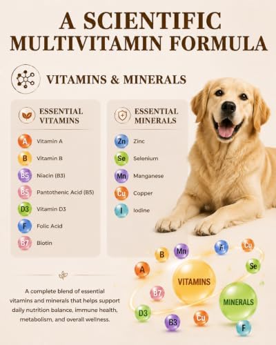 Dog Multivitamin Soft Chews: 5-in-1 Formula with CoQ10, Omega-3 and Lutein | 26 Essential Nutrients to Support Skin & Coat, Heart, Eye, Digestive Health & Daily Nutrition, Chicken Flavor