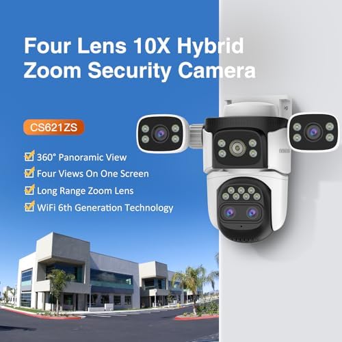 EVERSECU 10x Hybrid Zoom Quad Lens WiFi PTZ Security Camera, Triple Cameras in One, Side Cameras with Adjustable All-Angle Arm, 2K 360° View No Blind Spot, Auto Tracking, Spotlight, 2 Way Audio