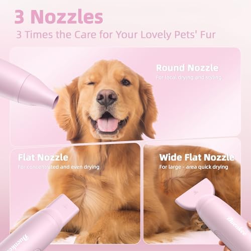 Buenkee Handheld Dog Dryer, 3HP High-Velocity Pet Hair Blower, Pink | 12 modes with 3 speeds and 4 temps, 1.2 lb lightweight, quiet under 65 dB, portable for home and travel, includes 3 nozzles