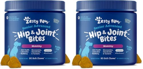 Zesty Paws Mobility Bites Joint Supplement for Dogs - Soft Chews with Glucosamine for Dogs, Chondroitin, & MSM + Vitamins C and E - Adv Chicken - 90 Count (Pack of 2)