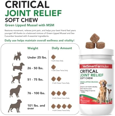 VetSmart Formulas Critical Joint Relief Soft Chew for Dogs – Hip & Joint Supplement with Glucosamine, MSM, Green-Lipped Mussel – Joint Discomfort, Hip Dysplasia & Mobility Support, Made in USA