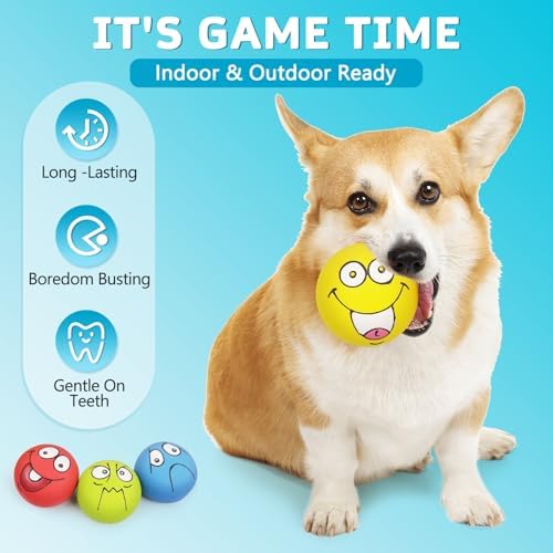 4 Pack 2.8" Smiley Face Squeaky Dog Toys Soft Dog Balls Latex Rubber Squeak Dog Toys for Small Medium Puppy Pet Dogs (Flat Ball)