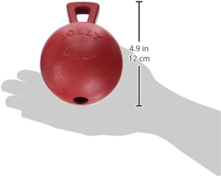 Jolly Pets Tug-n-Toss Heavy Duty Dog Toy Ball with Handle, 4 Inches/Petite, Red | Petite 4 inch jolly ball with handle, treat-dispensing chamber for puzzle play, bounces for fetch, made in USA