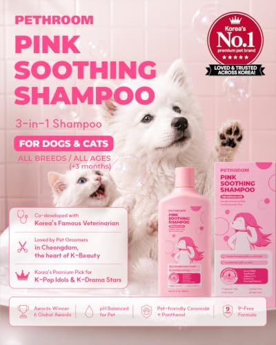 PETHROOM Pink Soothing 3-in-1 Dog & Cat Shampoo for Dry Skin & Itch Relief | Vet-Formulated with Ceramides & Panthenol for Skin Barrier Care, pH-Balanced, Soap, Sulfate & Fragrance-Free, 13.5 fl oz