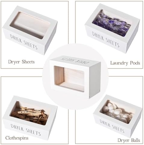 zoocatia Laundry Room Decor Dryer Sheet Container Wood Detergent Dispenser Organization and Storage Box Holder for Laundry Pods, Dryer Balls, White