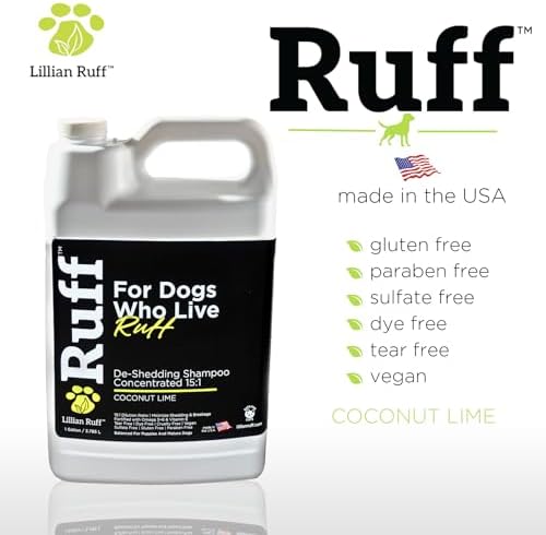 Ruff by Lillian Ruff 15:1 Concentrated Deshedding Dog Shampoo –Professional Extra-Strength Shedding & Odor Control – Aloe, Coconut Oil & Vitamin E – Puppy Safe, USA Made - Coconut Lime – Gallon