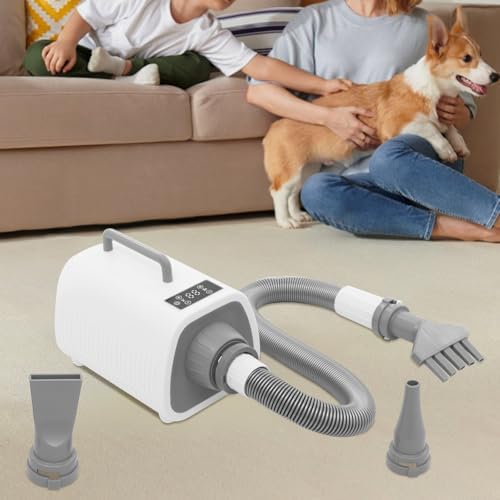 Pet Hair Dryer, 2100W High Velocity Dog Blow Dryer with 9 Speed & 9 Temperature Settings, Adjustable Pet Grooming Blower with 3 Nozzles, Quiet Dog Dryer for Home Pet Shops, White
