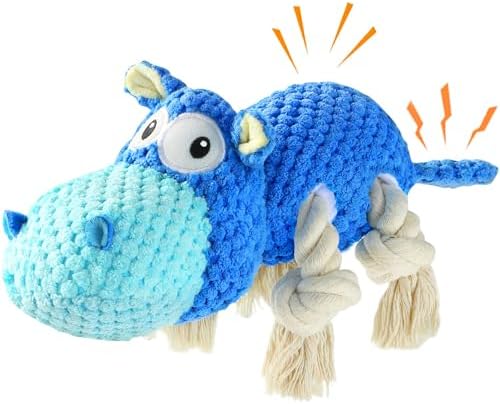 TOOPTATE Hippo Squeaky Dog Toy, Blue, Medium | Cute Plush Design, Rope Legs for Tugging, Helps Keep Dogs Busy, Suitable for Small, Medium, and Large Dogs