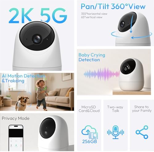 Rraycom 2.5K Indoor Security Camera, 5G/2.4G WiFi, Pet & Baby Monitor