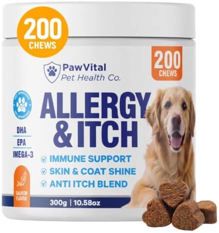 Dog Allergy Chews - 200ct Dog Allergy Relief for Itching Skin & Paw Licking - Allergy and Immune Chews for Dogs with Probiotics & Colostrum - Anti Itch Supplement for Seasonal Allergies, Salmon Flavor