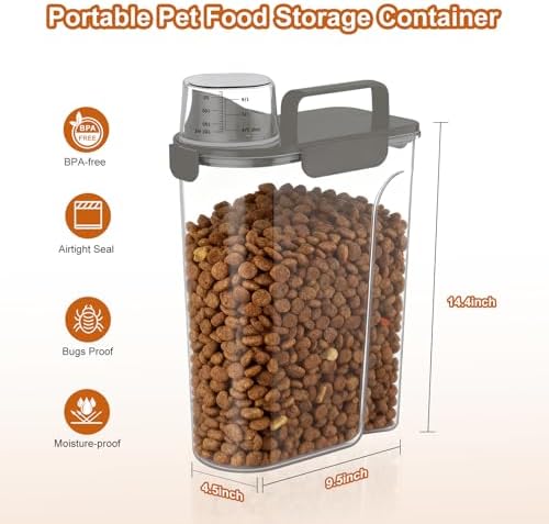 Uppetly Dog Cat Food Storage Container, 5-7Lbs Pet Food Containers, Airtight Cat Food Container with Portable Handle & Measuring Cup, Small Animal Dry Food Dispenser for Dogs, Cats and Birds Grey