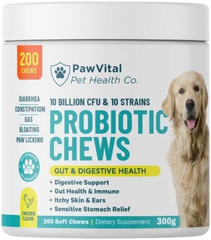 Dog Probiotic Chews for Digestive Health – Probiotics for Dogs with 10 Billion CFU, Prebiotics, Digestive Enzymes – Gut Health, Yeast, Itchy Skin & Itchy Ears – Diarrhea & Constipation – 200 Chews
