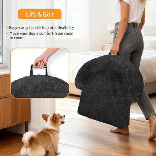Calming Dog Bed Fluffy Plush Dog Mat for Furniture Protector with Removable Washable Cover for Large Medium Small Dogs and Cats (Small(35x31x5), Dark Grey)