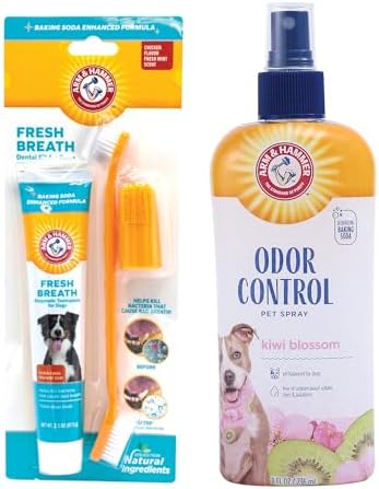 Arm & Hammer Dog Care Bundle | Fresh Breath Enzymatic Dental Kit with Toothbrush & Chicken Toothpaste (2.5 oz) + Super Deodorizing Spray for Dogs, Kiwi Blossom Scent (8 oz)