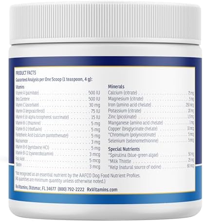 Rx Vitamins Essentials for Dogs - Daily Vitamins & Minerals - 8 oz | with Blue Spirulina, Kelp Powder, & Milk Thistle for Dogs - Complete Canine Vitamins and Essential Minerals Powder