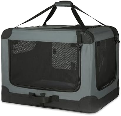 Amazon Basics 4-Door Portable Folding Soft Dog Crate, Collapsible Travel Kennel for Cat, Dog, and Small Animals, Pop Up with Fleece Mat, Water-Resistant Base, Grey, 36" x 24" x 24"