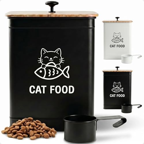 Metal Cat Food Container with Scoop 5-7 lb (25 Cup), w/ Airtight Bamboo Lid