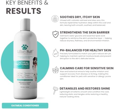 Lillian Ruff PRO Formula Oatmeal Dog Conditioner - Nourishing & Calming Relief for Allergies & Sensitive Skin - Detangles, Softens & Adds Shine with Oatmeal, Coconut Oil & Lavender - USA (16oz+Brush)