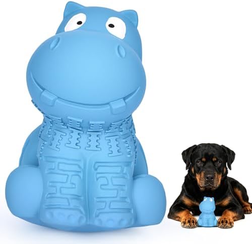 petizer Tough Squeaky Dog Toys for Aggressive Chewers - Durable Natural Latex Rubber Dog Toy with Real Beef Scent, Indoor & Outdoor Trainning Toy for Medium, Large Breeds - Blue Hippo