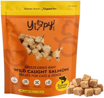 Freeze-Dried Wild Caught Salmon Treats for Cats & Dogs — Single Ingredient, 100% Salmon, Grain-Free Omega-Rich Treat & Food Topper, 1.76 oz (50g)