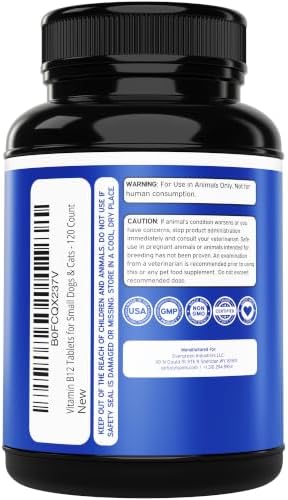 Vitamin B12 Supplement for Small Dogs & Cats with Cobalamin, Folate - Vitamin B12 Dogs and Cats Tablet Energy & Cognitive Support - 120 Chicken Flavored Chewable Tablets -Third Party Tested, Non GMO