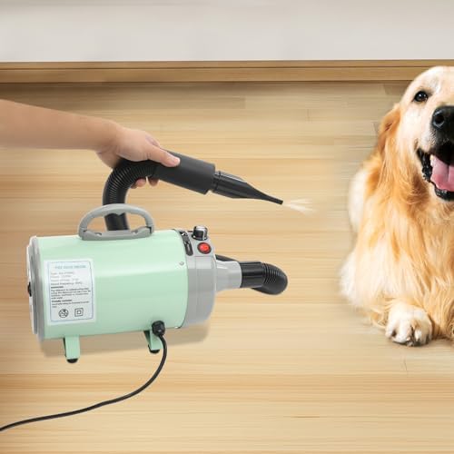 Pet Dryer, 2200W High Velocity Dog Hair Dryer Adjustable Speed and Temperature Control Dog Blow Dryer Low Noise Professional Dog Grooming Dryer with 4 Nozzles Detachable Hose (Grey+Green)