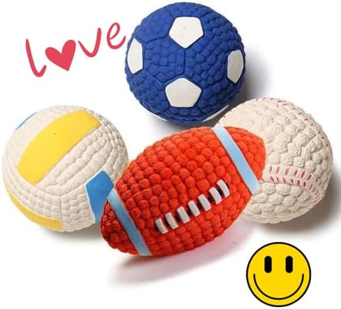 Squeaky Chew Dog Toys Interactive Sports Balls with Squeaker Soft Latex Rubber Bouncy Fetch Ball Toy (Soccer, Volleyball, Football, Tennis) for Puppy & Dog (Soccer+Football,Large)
