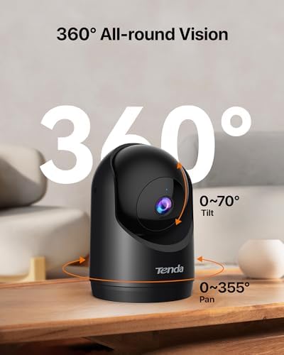 Tenda 2K Indoor Security Camera for Baby Monitor, WiFi 6 Pet/Dog Camera for Home Security, 360° Pan/Tilt, 2-Way Audio, Motion Detection, Night Vision, Cloud & SD Card Storage, Black(CP3-V3.0)