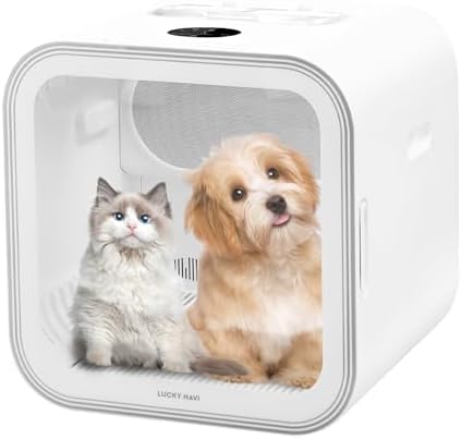 LUCKY NAVI 62L Pet Dryer Box for Cats and Small Dogs 【Fastest 15-Minute Drying】, 40dB Ultra Quiet Automatic Cat Dryer Box, 360° Full Body Drying, Removable Base, with Light and Skylights (62L), White