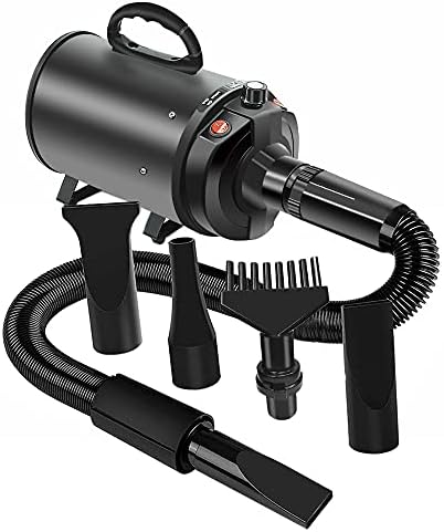 Dog Hair Dryer Quick Dry 2800W Noise Reduction Pet Hair Dryer Home Use Professional Stepless Adjustable Speed Spring Hose 4 Nozzles Dog Blow Dryer for Grooming with Heater