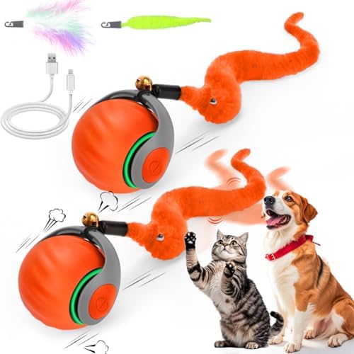 2PCS Interactive Cat Toy Ball, Rechargeable Cat Toys for Indoor Cats | with Feather Tails for Kittens Chasing, Motion Activated Ball for Enrichment, Automatic Rolling Toys to Keep Them Busy Orange