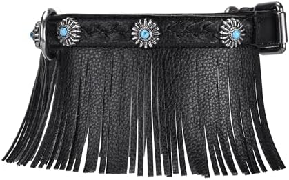 Blueberry Pet Western Fringe Black Microfiber Textured Leather Collar with Turquoise Conchos
