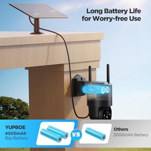 YUPBOE Security Cameras Wireless Outdoor Solar: Battery Cameras for Home Security WiFi Camera Outdoor Surveillance Camera PTZ 360° CCTV Cam System with Floodlight Color Night Vision PIR Sensor