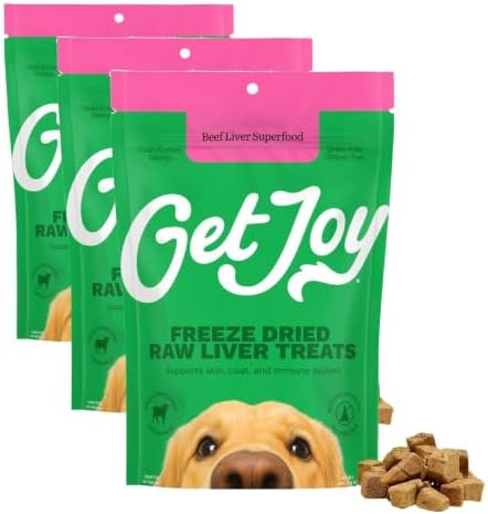 Get Joy Freeze Dried 100% Beef Liver Dog Treats, 4oz | Single Ingredient Organ Meat, High Protein Raw Dog Food Topper, Snack & Training Rewards | Grain Free, Gluten Free, Filler Free (Pack of 3)
