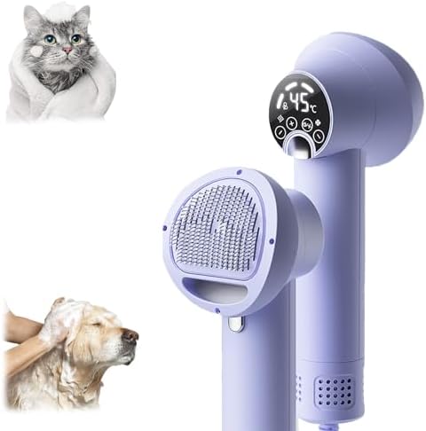 Noise-Wide Hairdryer for Pets with Slicker Brush, 2024 New Pet Hair Dryer, Low Noise Dog Hair Dryer for Small and Medium Dogs and Cats (Purple)