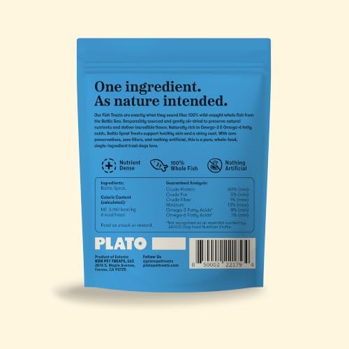 PLATO Single Ingredient Wild-Caught Baltic Sprat Dog Treats, Air-Dried Whole Fish, Omega-Rich Skin & Coat Support, 7.5 oz