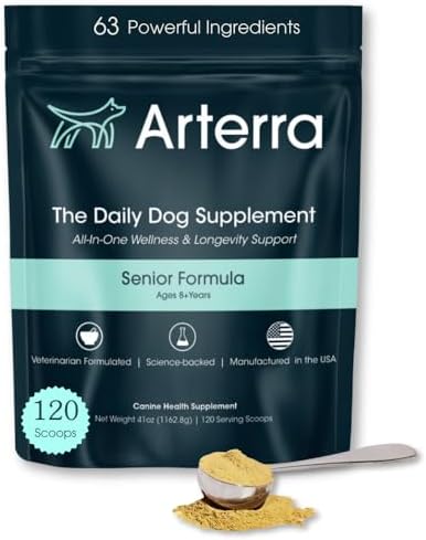 Senior Dog Powder Supplement & Food Topper - 63 Ingredients - 120 Scoops | For Joint, Gut, Immune & Brain Health, Daily Longevity Multivitamin with Glucosamine, Probiotics, and Fish Oil