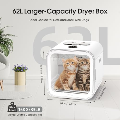 LUCKY NAVI 62L Pet Dryer Box for Cats and Small Dogs 【Fastest 15-Minute Drying】, 40dB Ultra Quiet Automatic Cat Dryer Box, 360° Full Body Drying, Removable Base, with Light and Skylights (62L), White