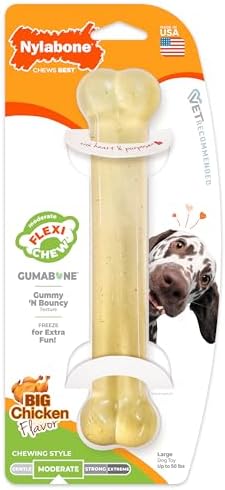 Nylabone Flexi Chew Gumabone Dog Chew Toy, Chicken Flavor, Large | Dogs toys for large dogs up to 50 lbs, flexible material, gentle on teeth, freezable, bouncy, great for seniors