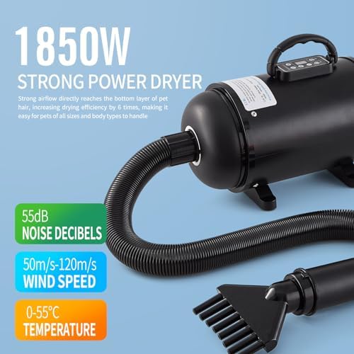 UNICOO Pet Dryer & Grooming Vacuum with Adjustable Speed & Temperature Control, Low Noise, 4 Nozzles, 1850 Watts, Blow Dry & Vacuum Functions for Dogs (Matte Black)