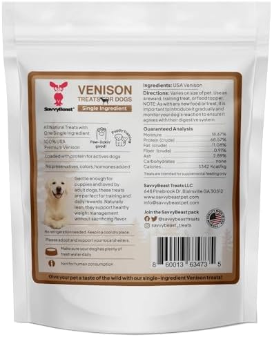 SavvyBeast Dehydrated Venison Dog Treats, Hypoallergenic, USA Made, 5 oz