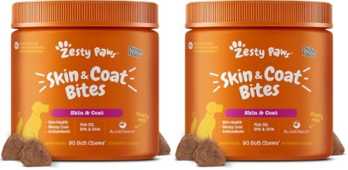 Zesty Paws Omega 3 Alaskan Fish Oil Chew Treats for Dogs - with AlaskOmega for EPA & DHA Fatty Acids - Hip & Joint Support + Skin & Coat Chicken Flavor (90 Soft Chews) (Pack of 2)
