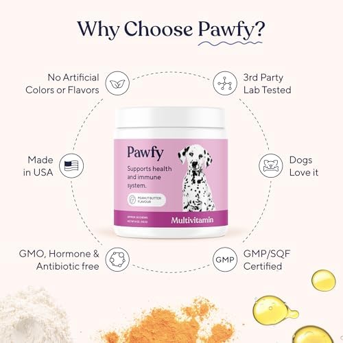 Pawfy 15 in 1 Dog Multivitamin - Skin, Coat & Immune Support Chews | Turmeric, Cod Liver Oil, Biotin & Vitamin C in One Daily Bite | Everyday Wellness for Healthy Pup or Senior Dog - 30 Chews