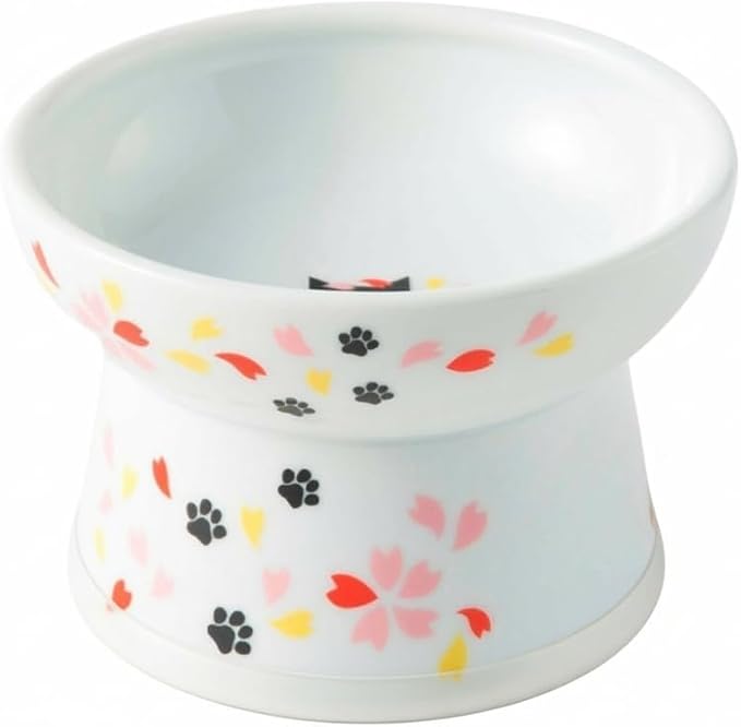 Necoichi Raised Cat Food Bowl – Ceramic Elevated Cat Bowl for Whisker & Neck Fatigue, Dishwasher Microwave Safe – Non-Slip & Anti Vomiting Ergonomic Design (Sakura Floral, Regular, 1-Cup Capacity)