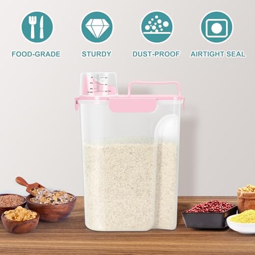 TBMax Airtight Rice Container 10 Lbs, Cereal Dispenser, Pet Cat Dog Food Storage Container, Plastic Kitchen Pantry Food Storage Holder with Cup -Pink